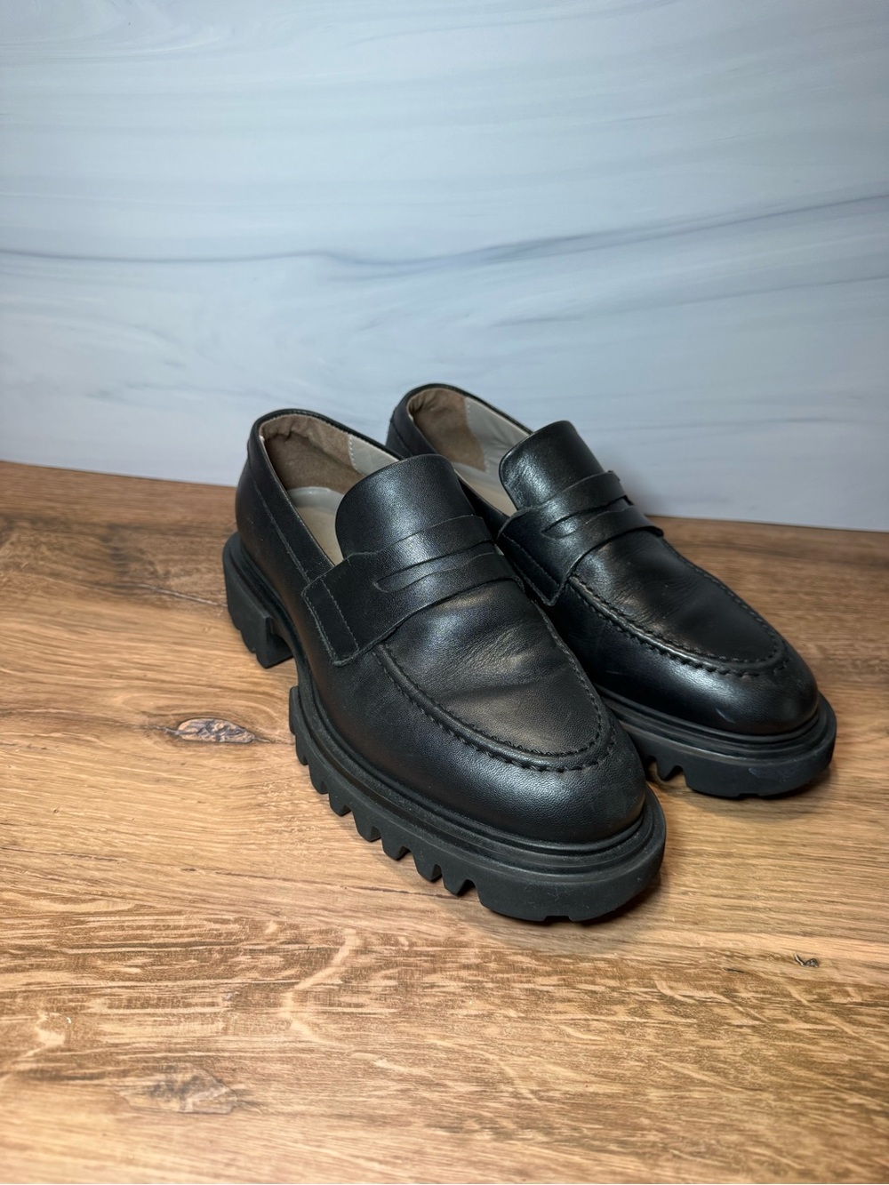AllSaints Lola Leather Loafers Women’s 7 Black Chunky Lug Sole WF7742